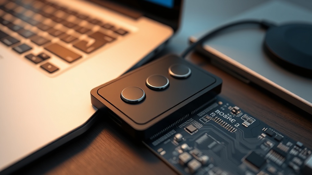 Dune keypad with three buttons shown on a desk next to a laptop