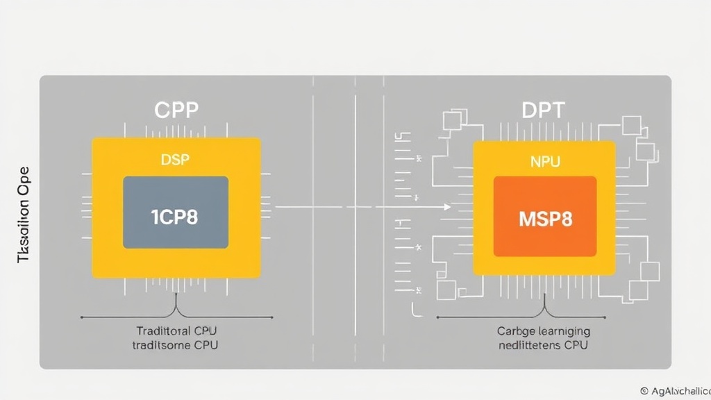 Diagram comparing traditional CPU architecture with specialized DSP and NPU architectures for edge AI tasks.
