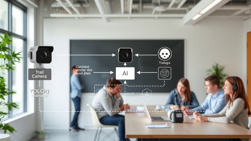 Conceptual diagram showing trail camera, AI processing unit, and alert system workflow