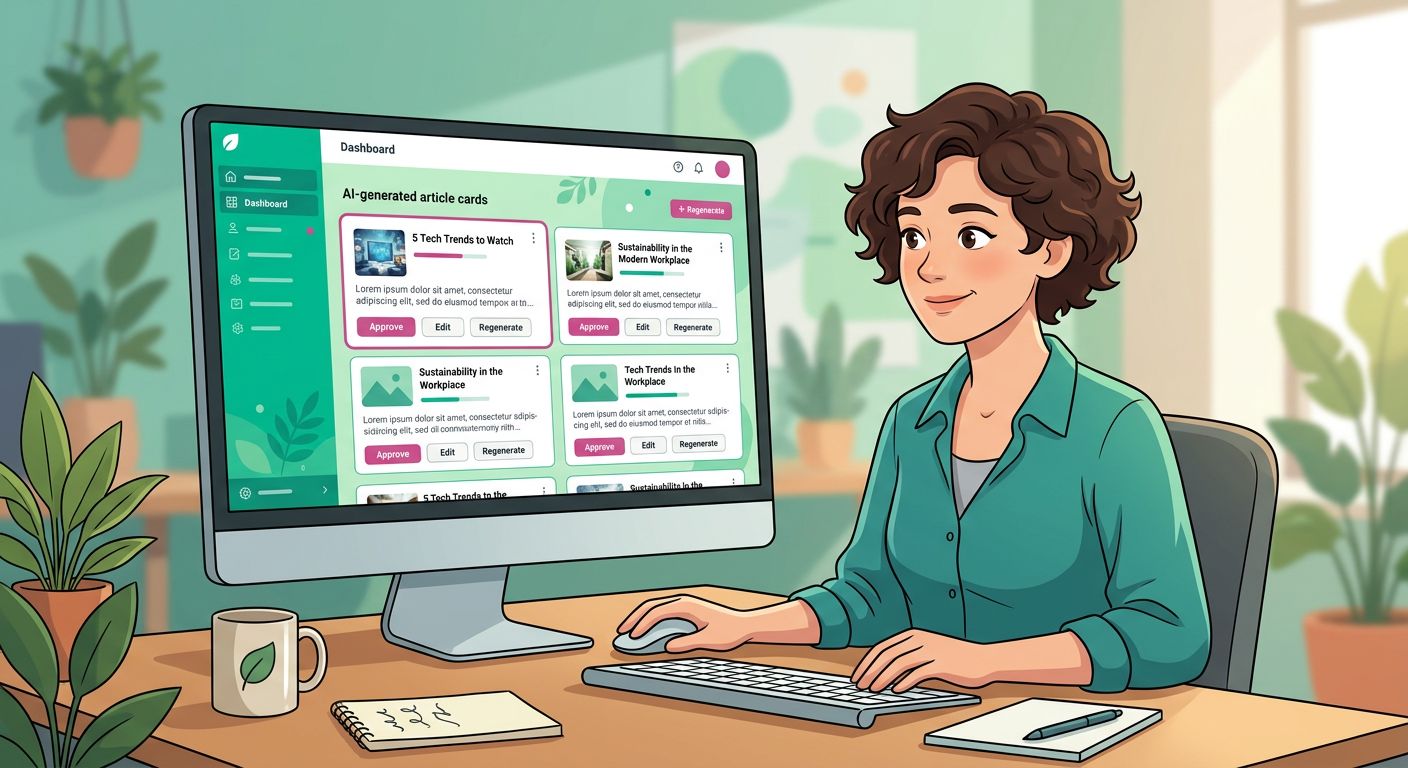 Modern in-content illustration of a human editor reviewing AI-generated article cards on a clean dashboard, one person onl...