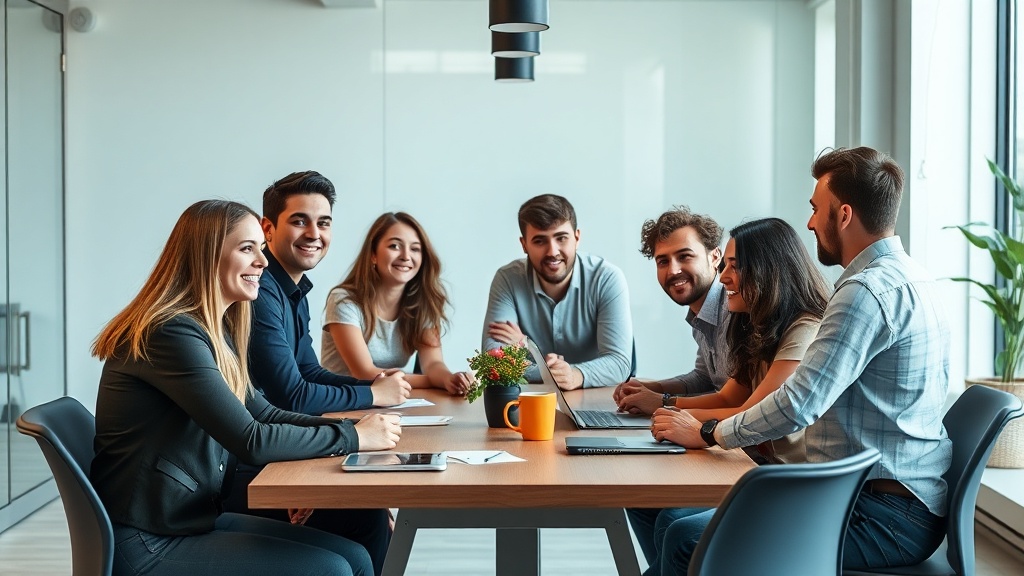 A diverse group of young professionals collaborating around a table in a modern office