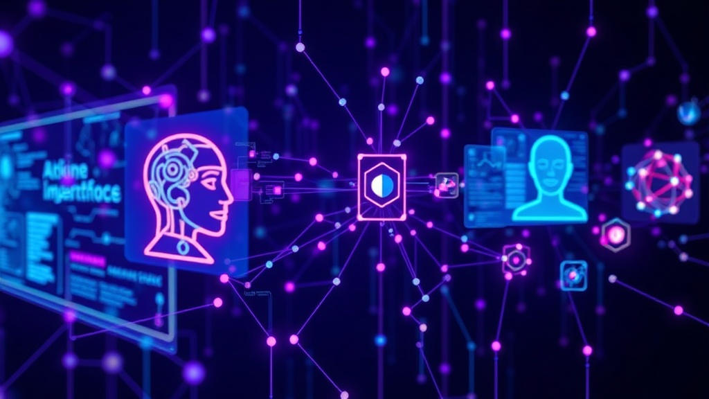 Illustration of diverse AI avatar designs interacting with digital information interfaces