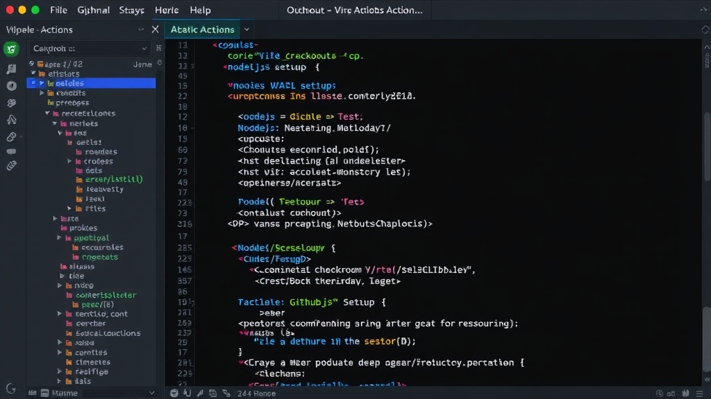 GitHub Actions workflow YAML demonstrating checkout, Node.js setup, and test execution steps.