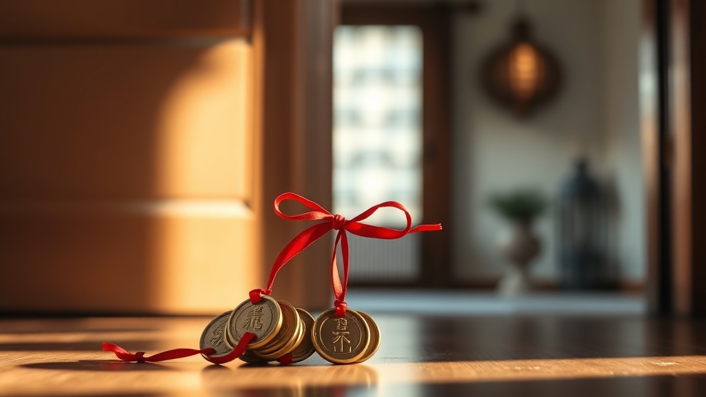 Six Chinese coins tied with red ribbon placed near a home entrance for feng shui