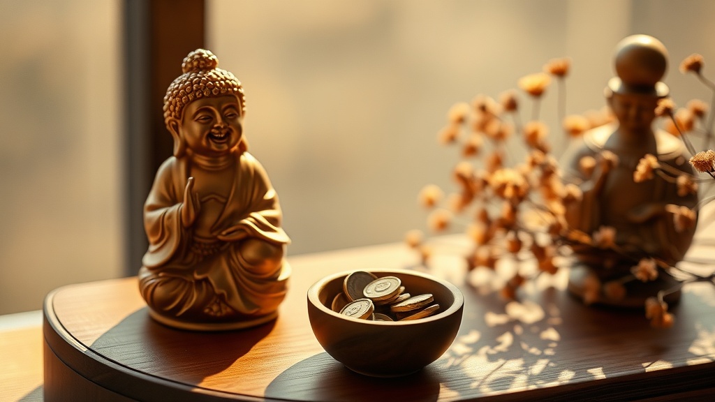 Chinese coins in a wooden bowl beside a laughing Buddha figurine on a home altar shelf