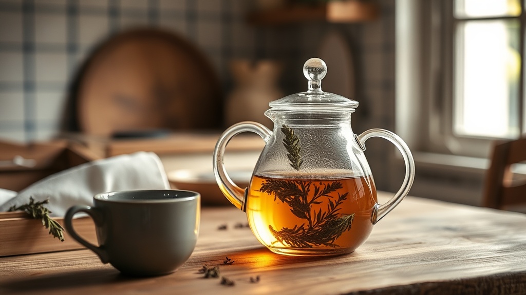 Tisane de prêle des champs en infusion dans une théière en verre sur une table en bois