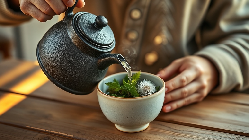 Mains versant de l'eau chaude sur des feuilles d'ortie séchées dans un bol en céramique pour une tisane drainante