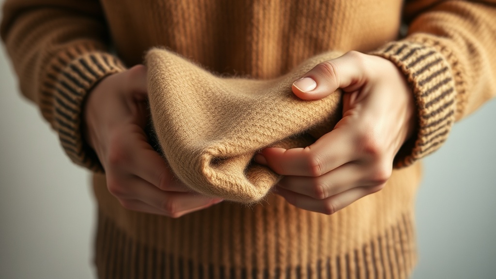 Close-up of heavyweight cashmere wrap coat fabric showing fine weave texture in camel colour