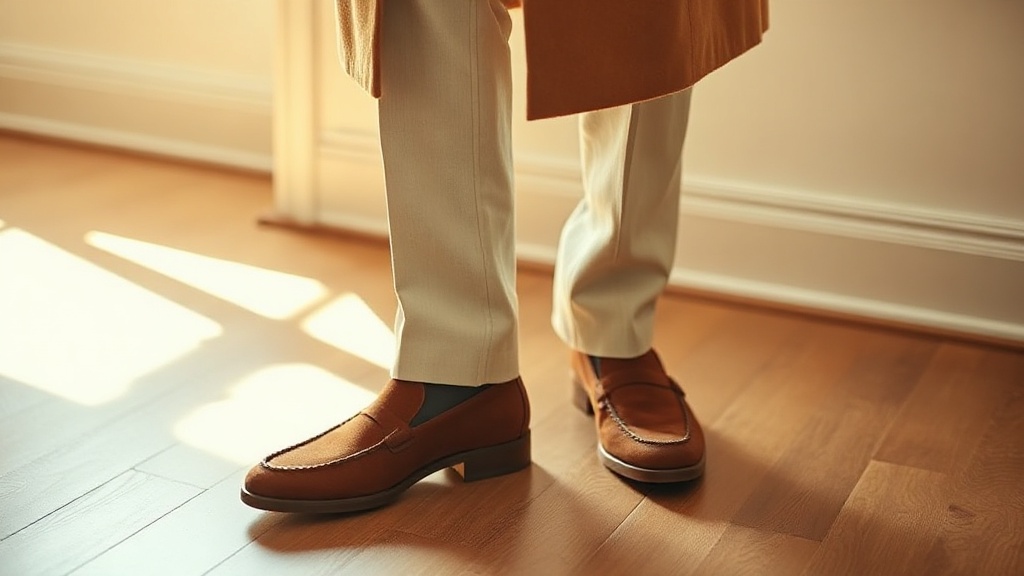Straight-leg ivory wool trousers with tan suede loafers, camel wrap coat hem visible above