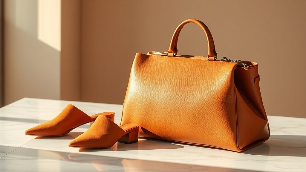 Structured tan leather top-handle bag beside cognac suede block-heeled mules on marble surface