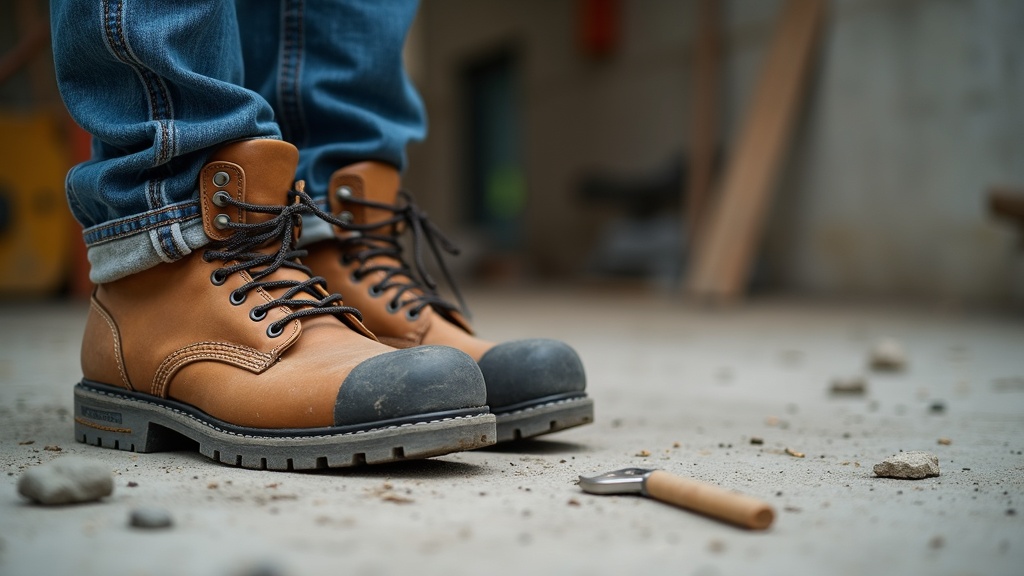 Trabajador con botas de trabajo en obra, material calcetines
