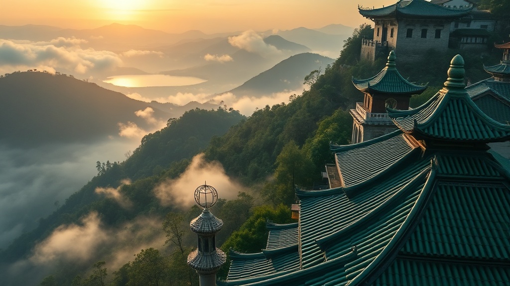 Vue du mont Lu enveloppé de brume matinale avec les toitures du temple Xingguo visibles entre les arbres