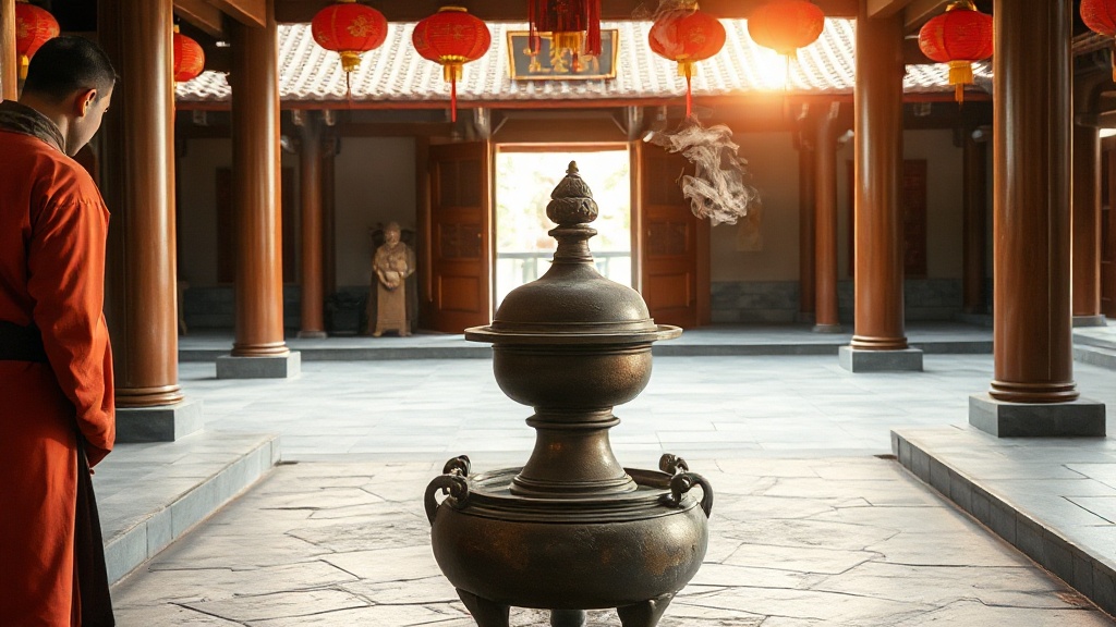 Brûle-encens de bronze dans la cour centrale d'un temple bouddhiste Chan, fumée s'élevant dans la lumière du soir