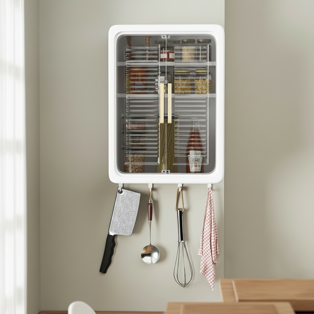 Organized kitchen counter with wall-mounted storage