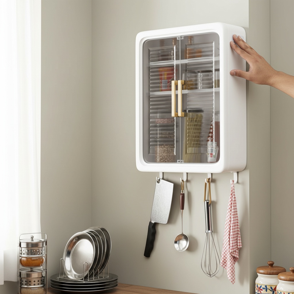 Customer using wall cabinet in small apartment kitchen