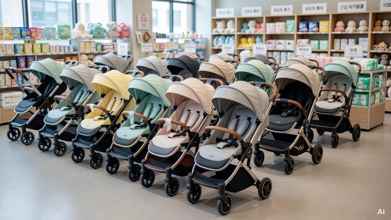 various baby strollers displayed in a baby product store, overhead view