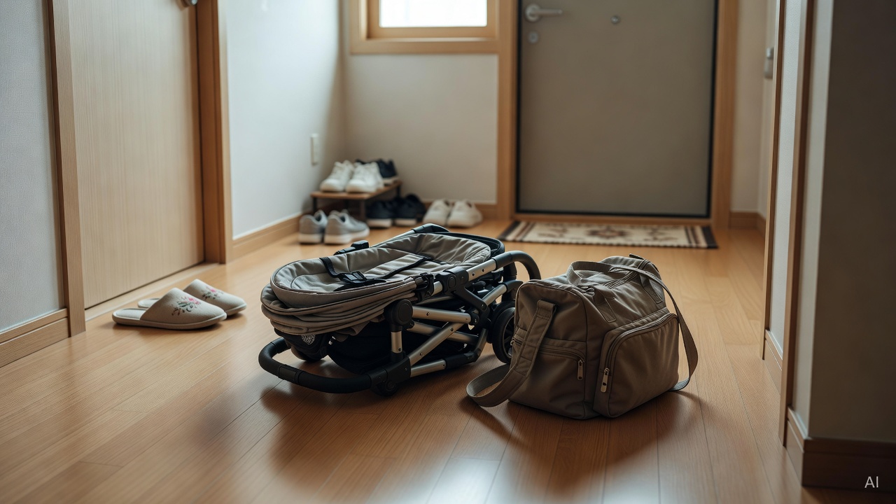 folded compact stroller next to a diaper bag on apartment floor near front door