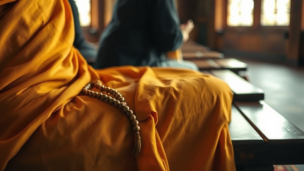 Robe safran de moine bouddhiste avec mala en bois sur banc de monastère