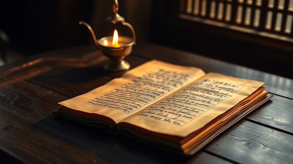 Ancien manuscrit bouddhiste sur table en bois avec lampe à huile en bronze