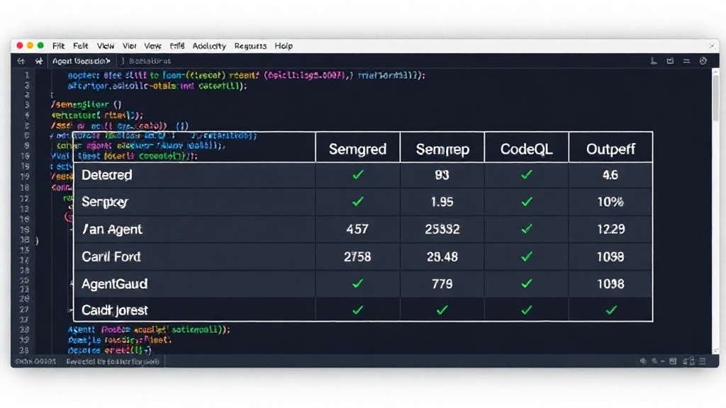 Table comparing detection rates of AgentGuard, Semgrep, and CodeQL on AI agent security samples.