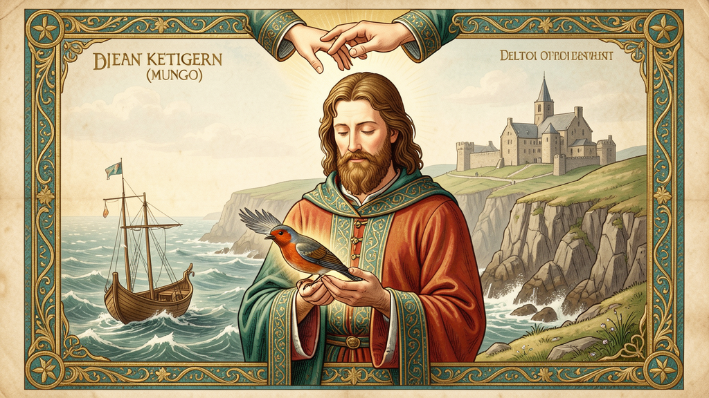 Kentigern (Mungo) holding the revived robin, divine hand above, boat on the sea — illuminated devotional art