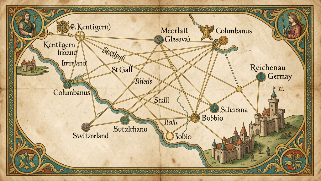 Hiberno-Scottish monastic map: Kentigern Scotland to Columbanus to St. Gall Switzerland and southern German nodes