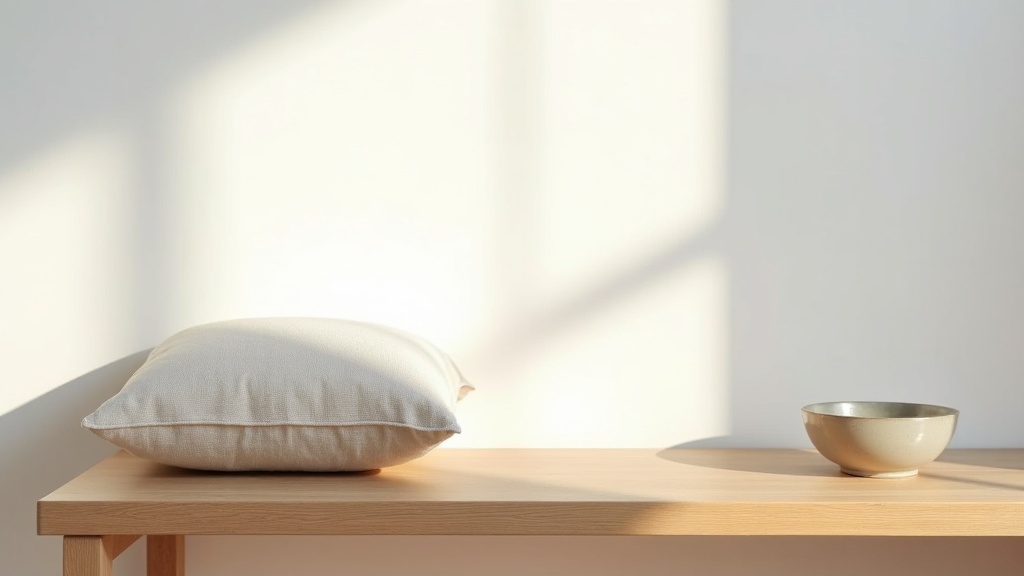 Linen cushion and ceramic bowl on an oak bench showing affordable luxury texture and calm in a minimalist apartment