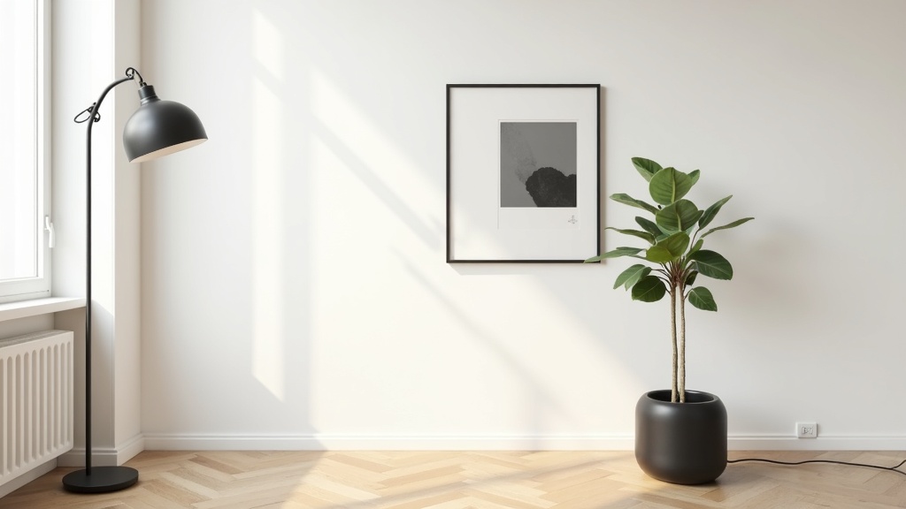 Matte black finish repeated across lamp, frame and plant pot in a minimalist apartment on a budget