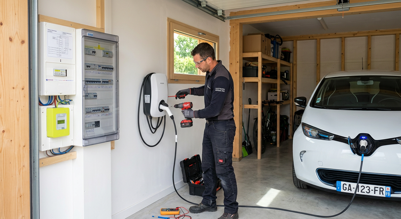 Installation d'une borne de recharge électrique IRVE murale dans un garage moderne d'une maison passive avec véhicule en charge.