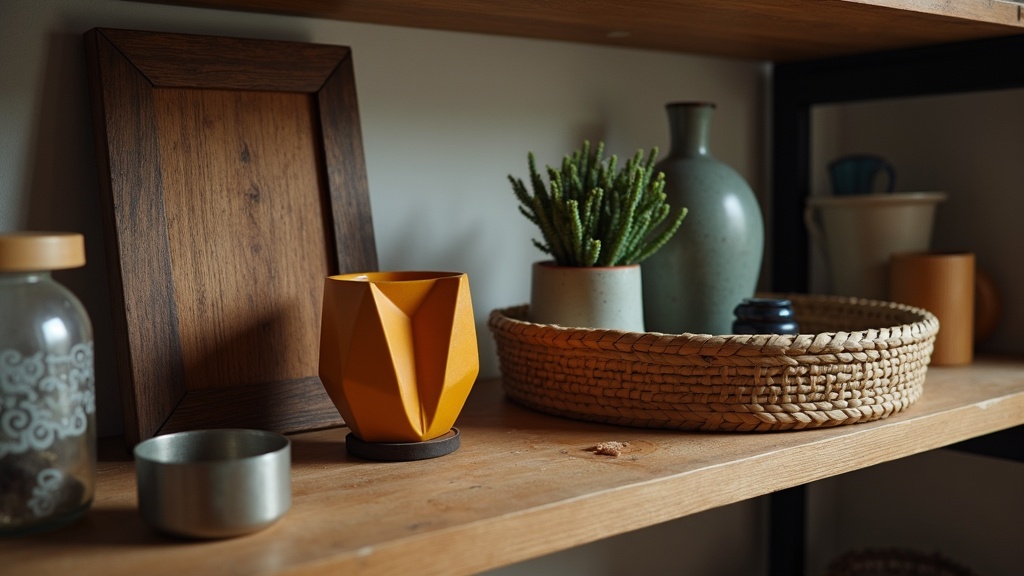 Mismatched decor items on a shelf showing lack of visual cohesion