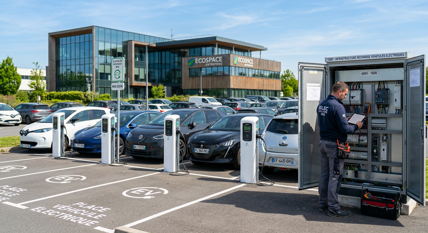 Parking d'entreprise avec plusieurs voitures en charge sur des bornes de recharge électrique IRVE modernes, installateur vérifiant tableau.