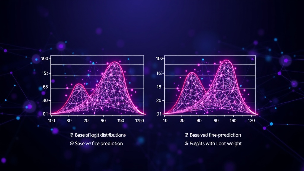Visual representation comparing logit distributions of base and fine-tuned LLMs for token prediction