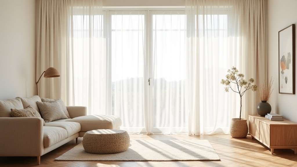 Modern linen curtains in a minimal Scandinavian living room with soft morning light