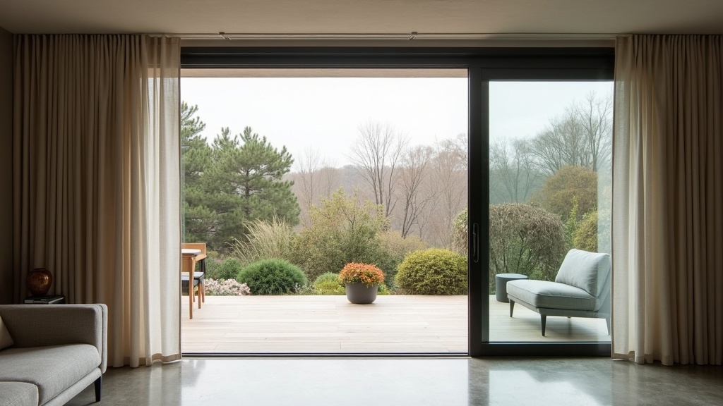 Floor-to-ceiling linen drapes stacked beside sliding glass doors in a modern living room