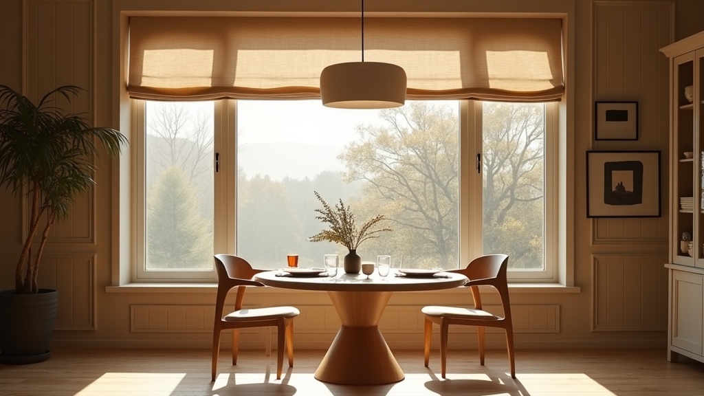 Warm greige Roman shades in a Scandinavian-style dining room with golden afternoon light