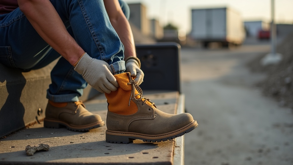 Worker putting on a work sock before lacing up steel toe work boots