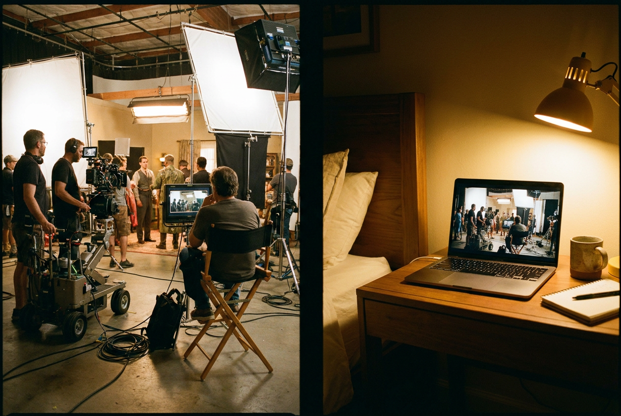 alt text for accessibility: Split-screen comparison showing a traditional film set with crew, cameras, and lighting equipment on the left, and a minimalist laptop setup on the right generating the same cinematic scene