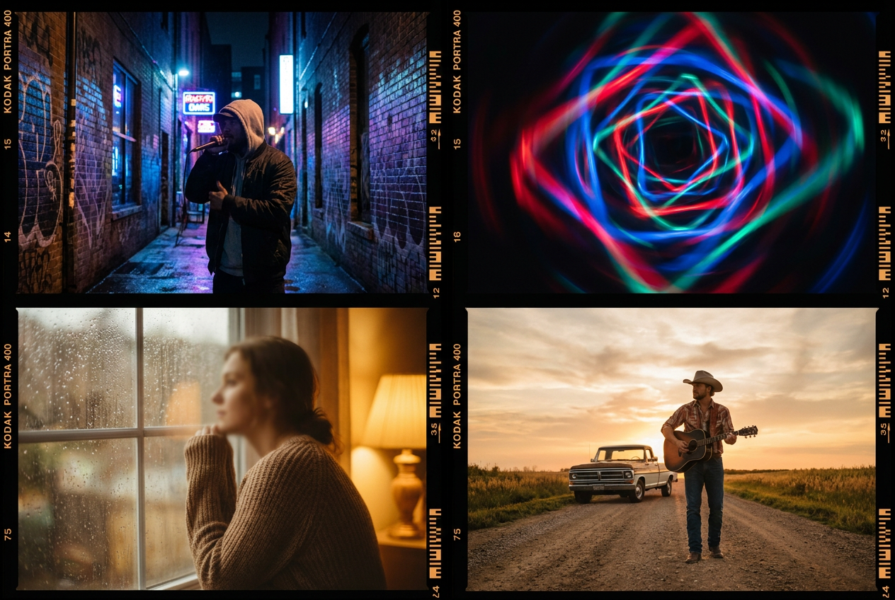 alt text for accessibility: A grid of four AI-generated music video stills showing different genres