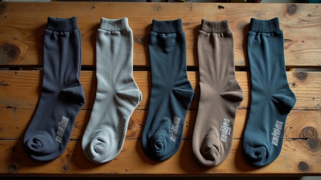 Five work socks showing different levels of wear after jobsite testing