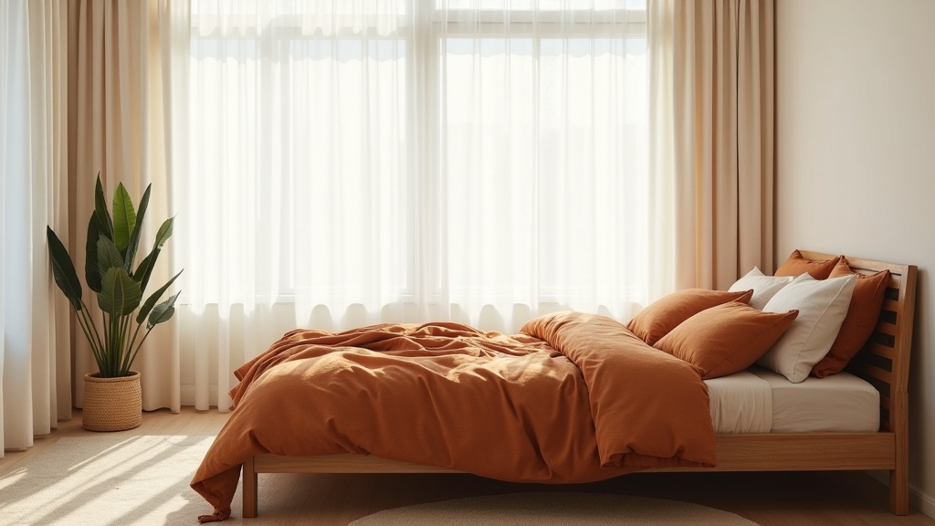 Rental bedroom decorated with ceiling-height curtains and layered linen bedding