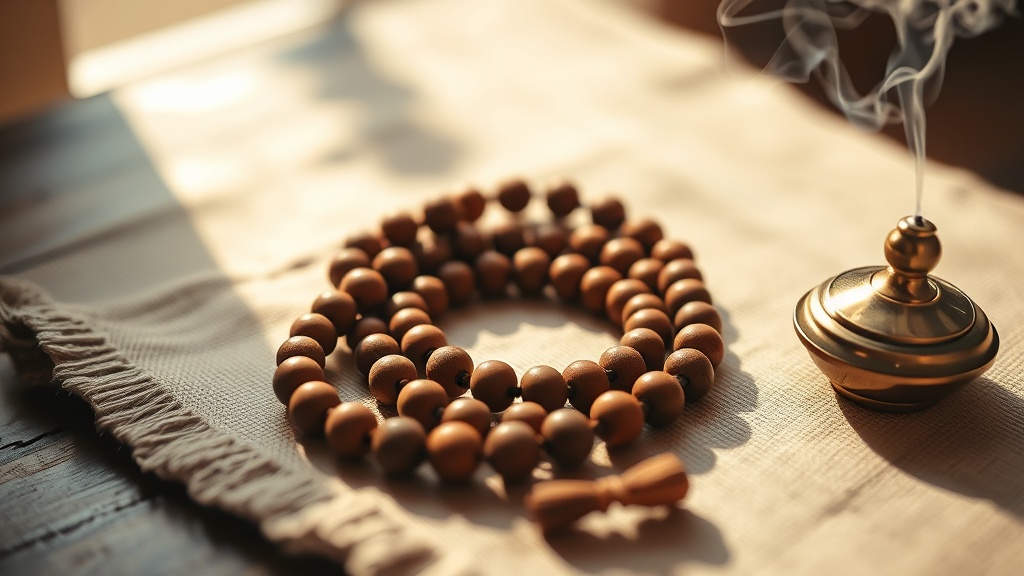 Mala tibétain en bois de santal posé sur un tissu de lin avec un brûle-encens en laiton, accessoires de méditation bouddhiste