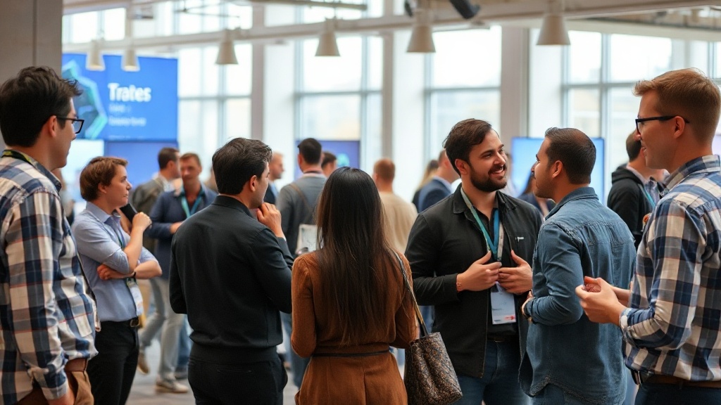 Founders networking at a bustling tech conference, discussing business opportunities.