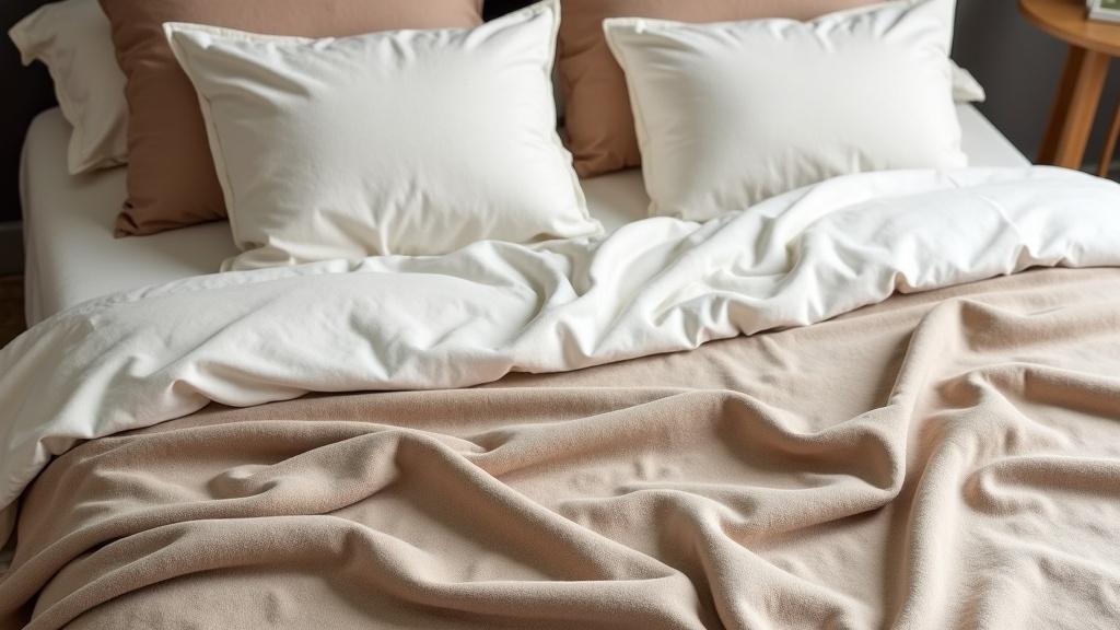 Layered linen bedding with chunky wool throw in contemporary bedroom