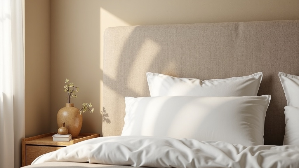 Linen headboard with warm plaster wall in a contemporary master bedroom