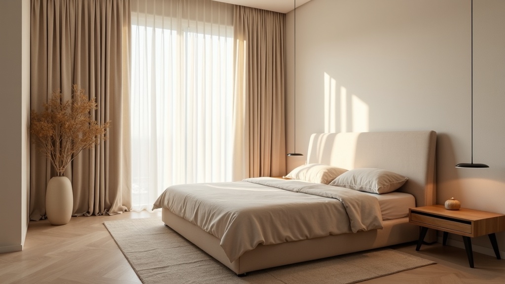 Contemporary master bedroom with warm morning light and minimalist design