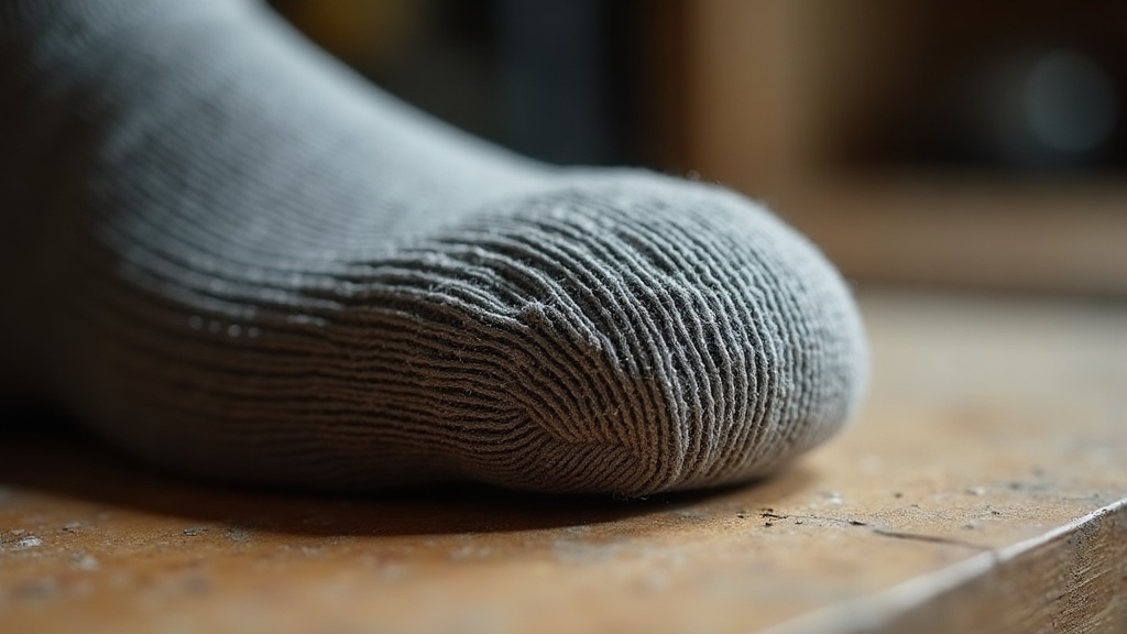 Worn heel section of a heavy-duty work sock showing fiber compression and pilling