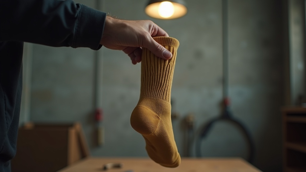 Worn-through heel of a work sock held up to the light showing the fabric failure