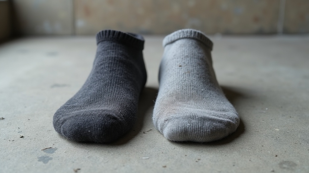 New work sock compared to a worn-out work sock showing heel thinning
