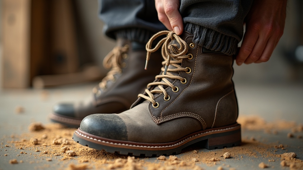 Tradesman pulling on a thick work sock before putting on steel-toed boots on a jobsite
