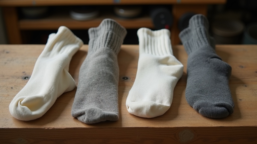 Comparison of a worn-out cotton work sock next to a structured wool-nylon blend work sock